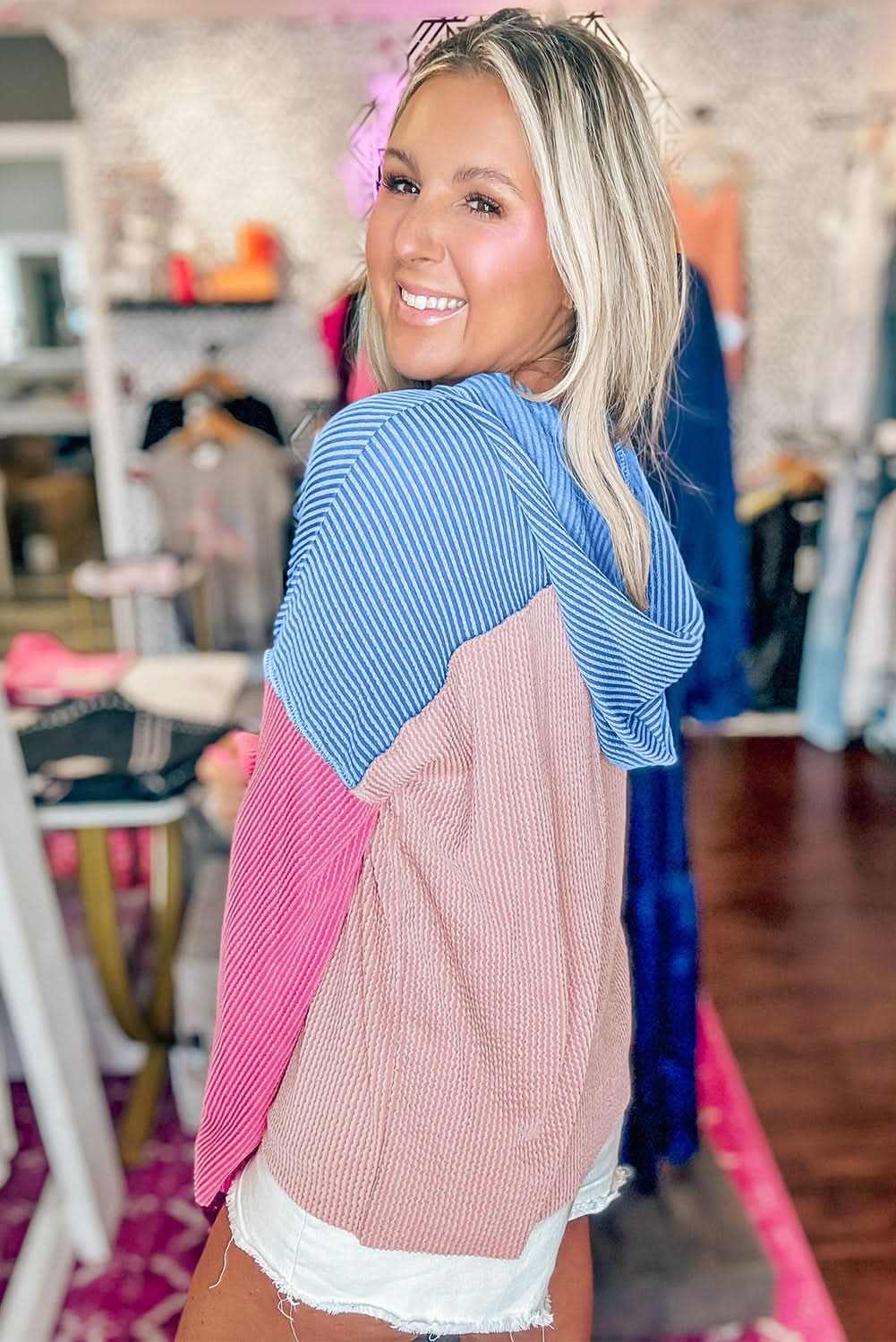 Pink Color Block Patchwork Corded Knit Loose Fit Hoodie - Love Salve